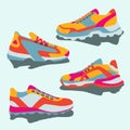 Set of colorful bright yellow pink blue orange sneakers. Vector flat illustration. Simple illustration of fitness and sport, gym s